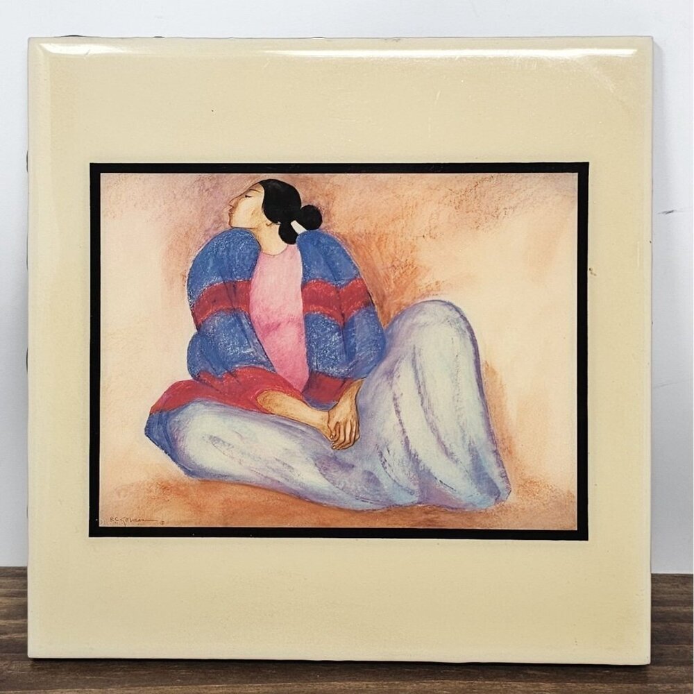 R.C. Gorman Blue Blanket Shawl Painting Ceramic Art 7.75”X 7.75" Hanging Navajo